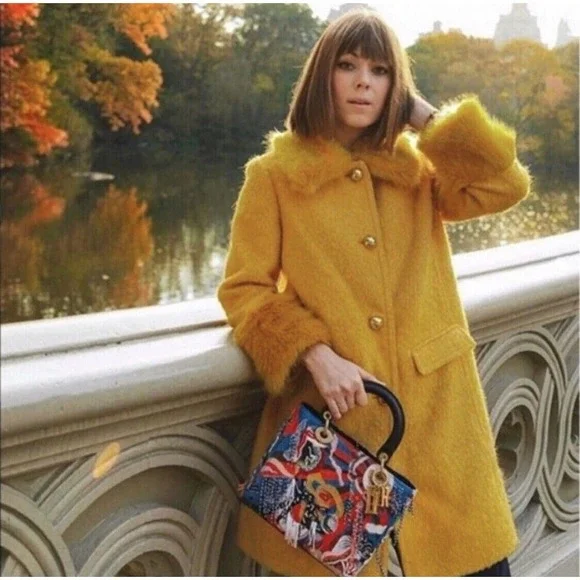 Retro 70s style Groovy Yellow Wool Yellow Penny Lane Jacket Shag Trench Coat - Picture 2 of 9